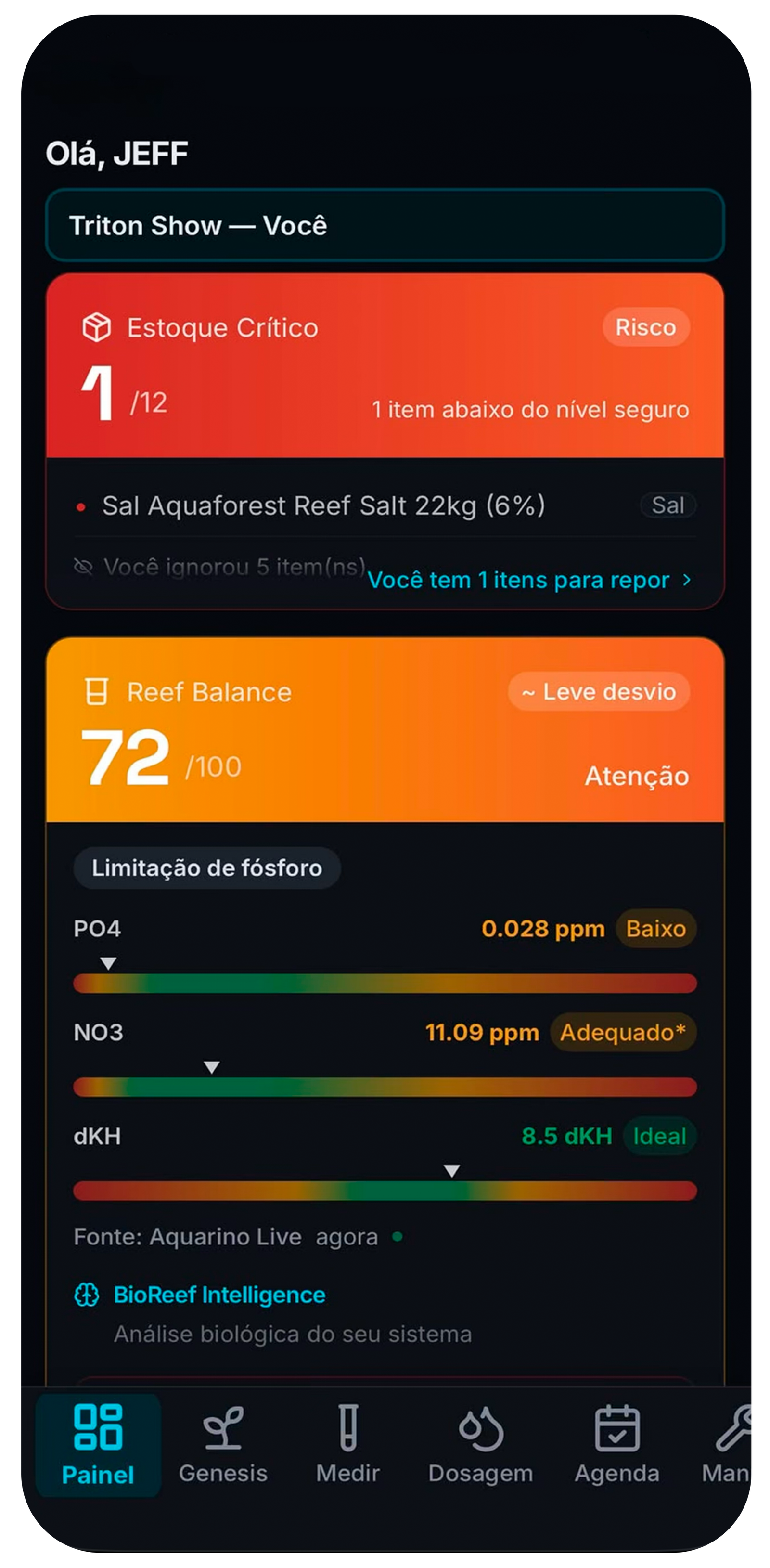 Painel do Aquarium Hub com o score Reef Balance e os parâmetros PO4, NO3 e dKH